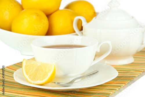 Cup of tea with lemon close-up
