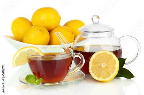 Cup of tea with lemon isolated on white