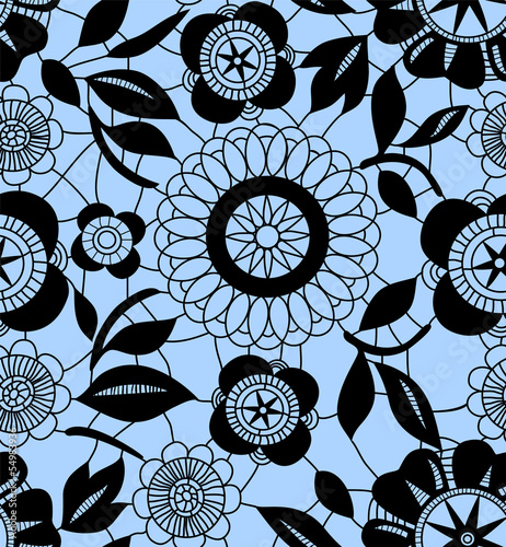 Black delicate floral lace on blue seamless pattern, vector