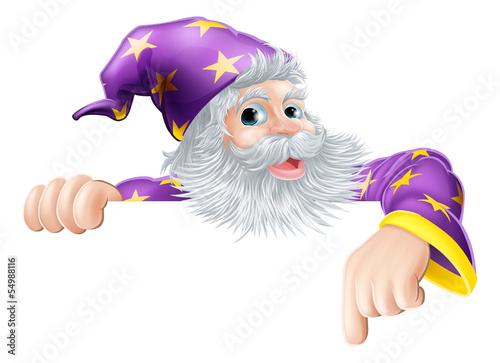Wizard pointing down at sign