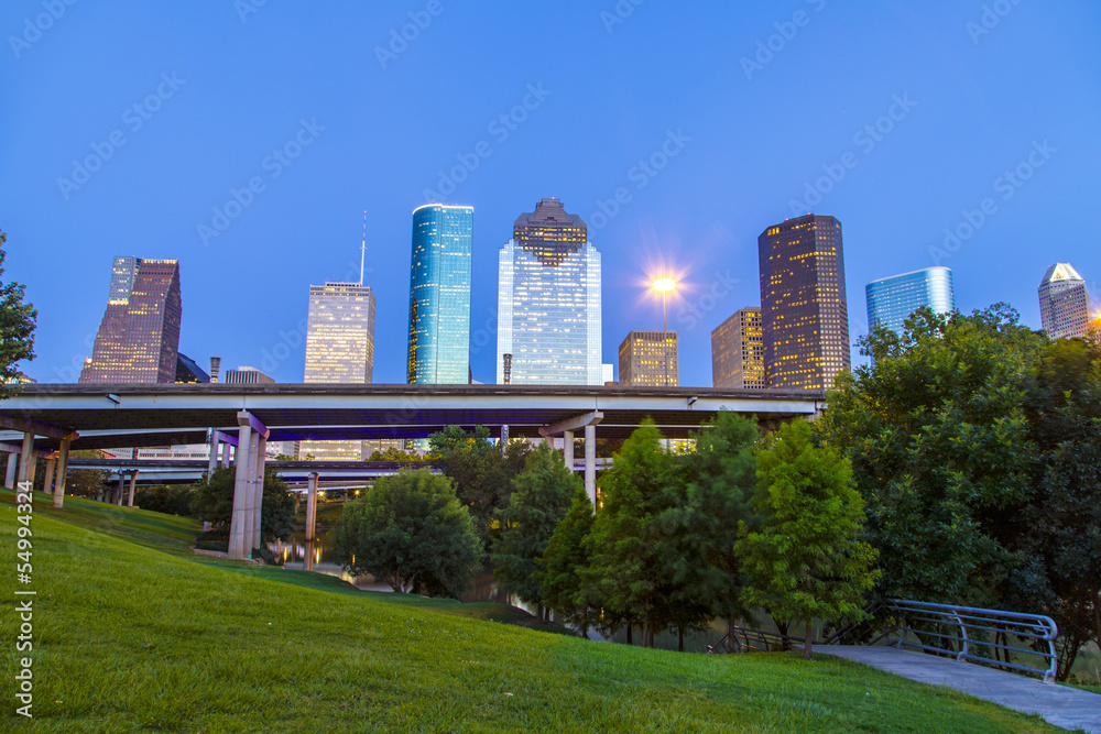 view on downtown Houston in late afternoon from the bayou view on downtown Houston in late afternoon from the bayou