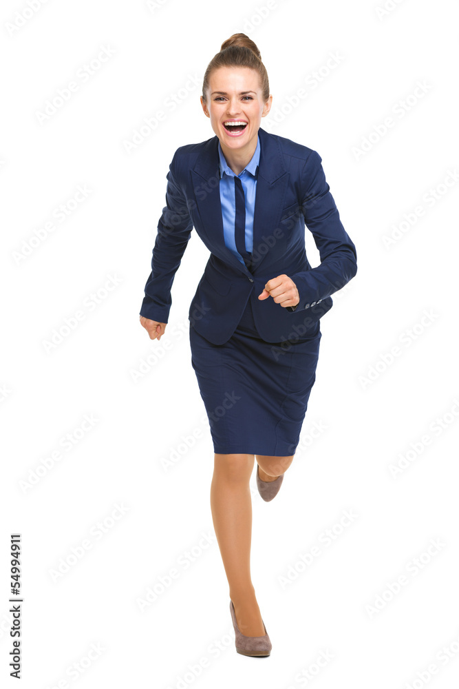 Full length portrait of happy business woman running straight Full length portrait of happy business woman running straight