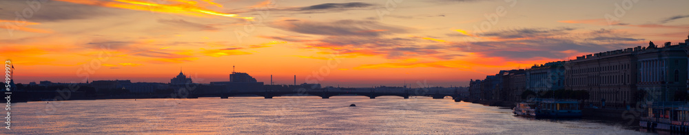 Panoramic view of Neva river in dawn