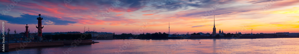 Panorama of Neva river in dawn. Saint Petersburg