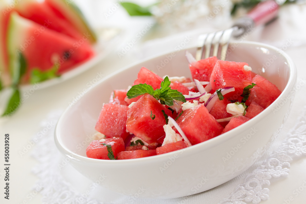 Salad with watermelon, cheese and mint.