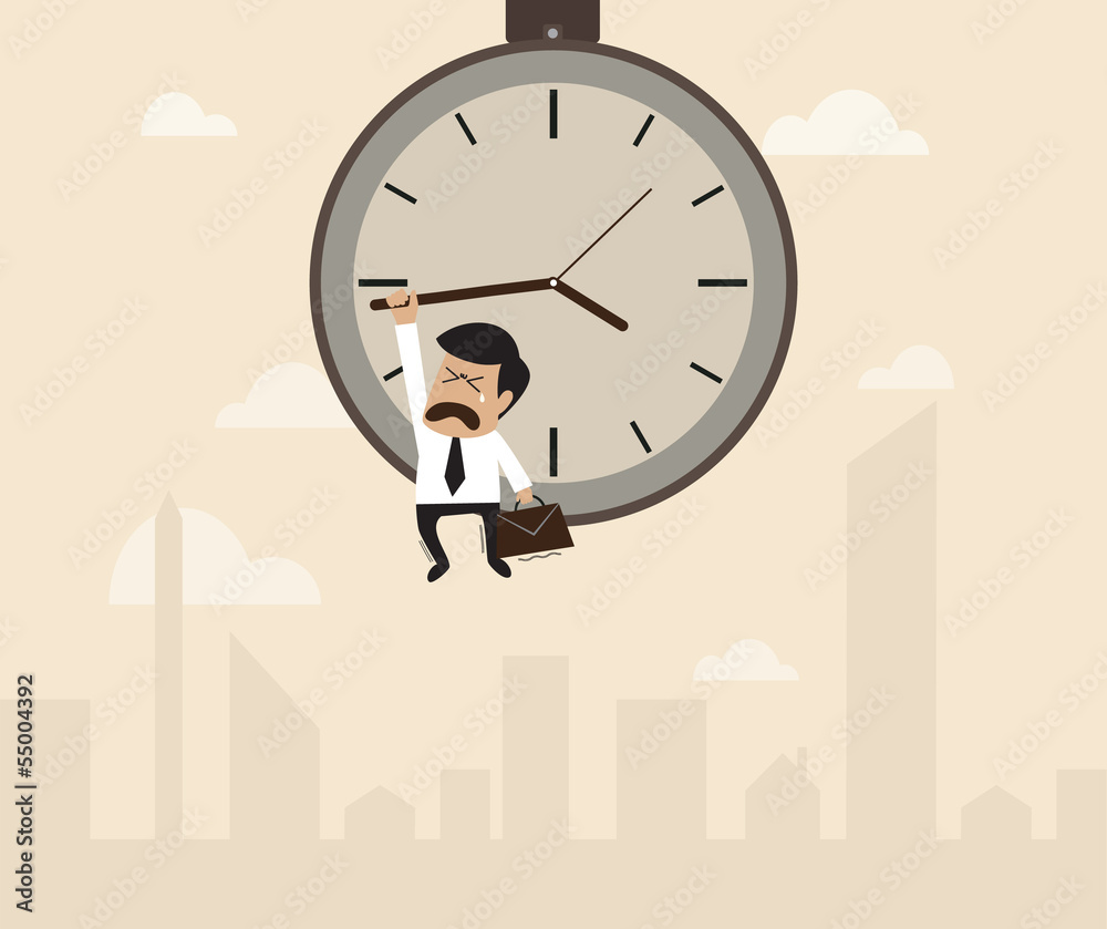 Businessman hangs on an arrow of clock that floating on sky Businessman hangs on an arrow of clock that floating on sky