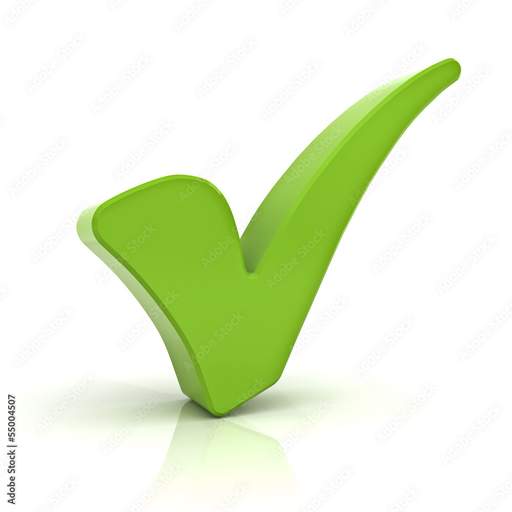 Green check mark on white background with reflection Green check mark on white background with reflection