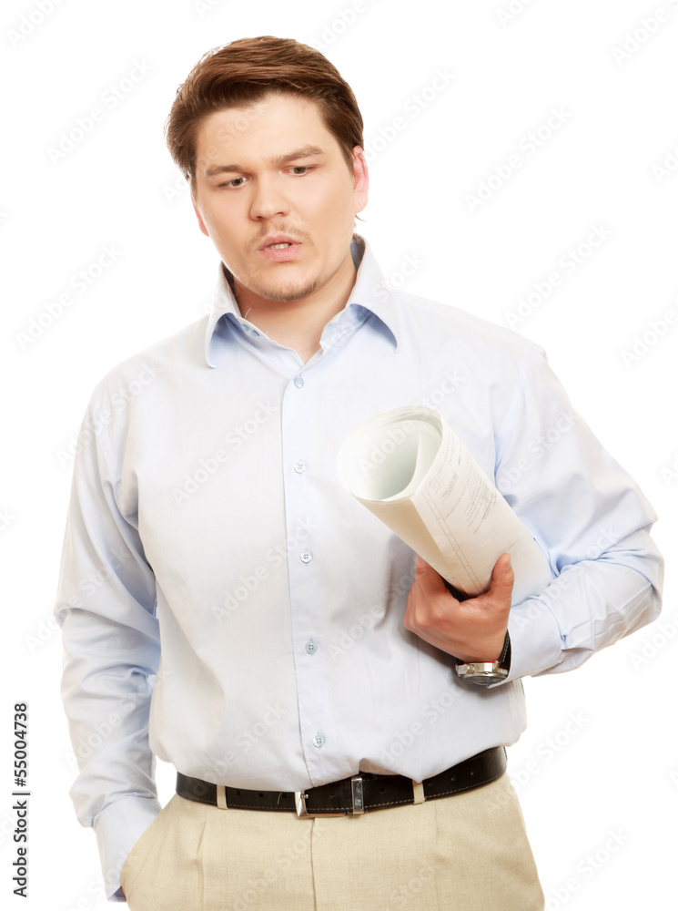 A young architect with a draft, isolated on white background A young architect with a draft, isolated on white background