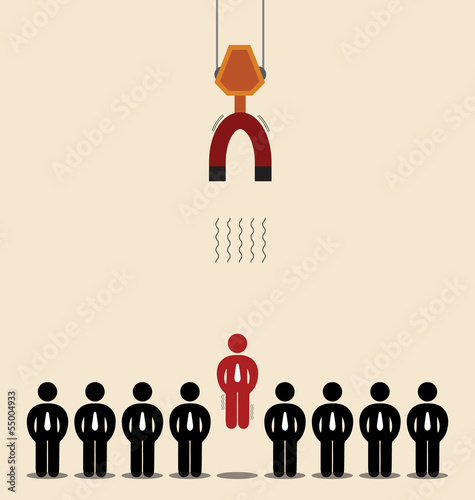 Red man among black is magnetized by big magnet