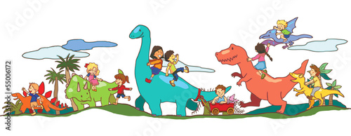 Children play with Dinosaurs in Dinoworld of imagination