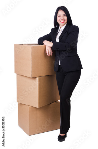 Woman with lots of boxes on white © Elnur