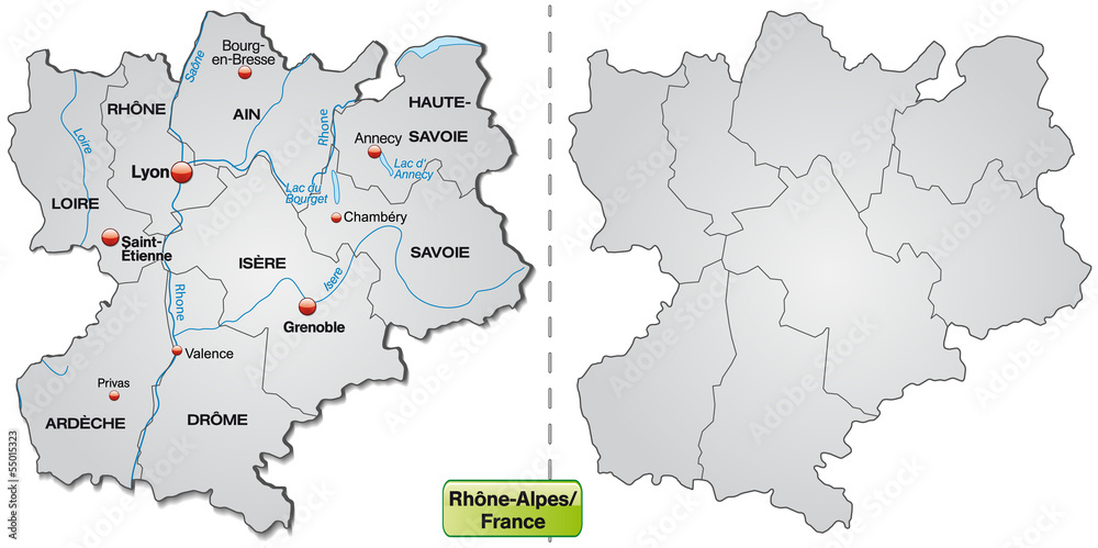 Inselkarte von Rhrône-Alpes mit Grenzen in Grau