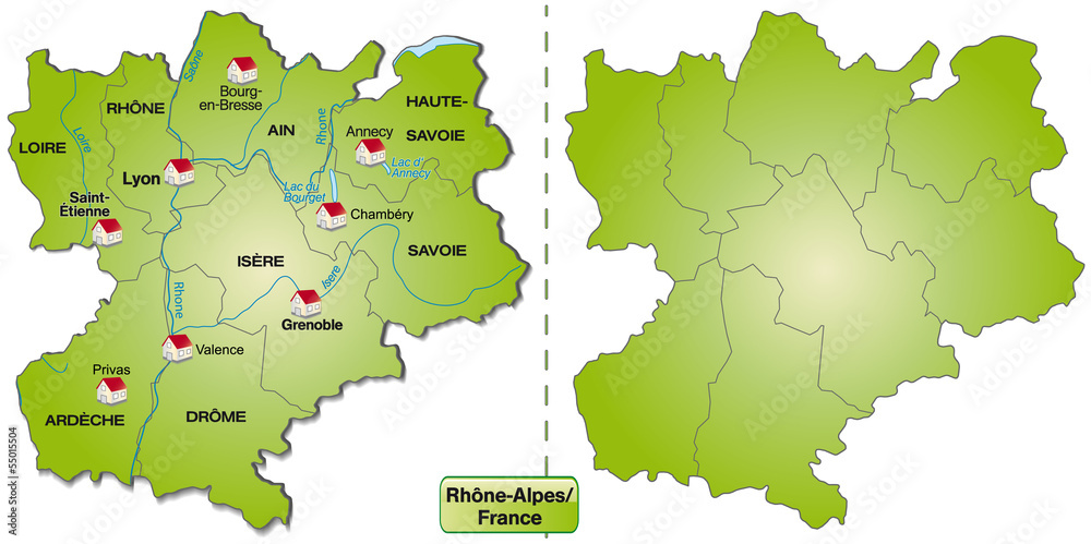 Inselkarte von Rhrône-Alpes mit Grenzen