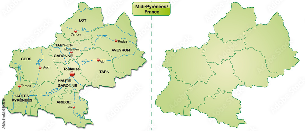 Inselkarte von Midi-Pyrénées mit Grenzen in Pastelgrün