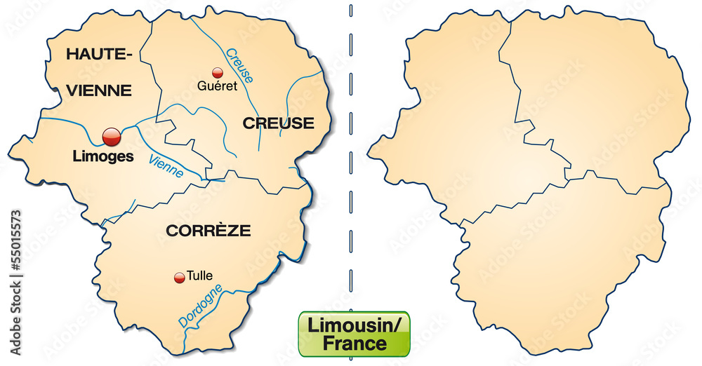 Inselkarte von Limousin mit Grenzen in Pastelorange