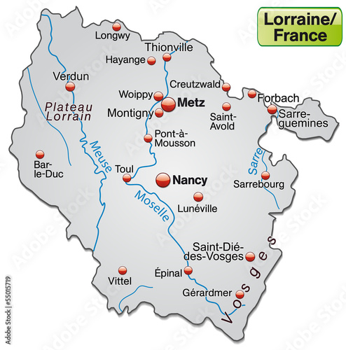 Inselkarte von Lothringen als Übersichtskarte in Grau