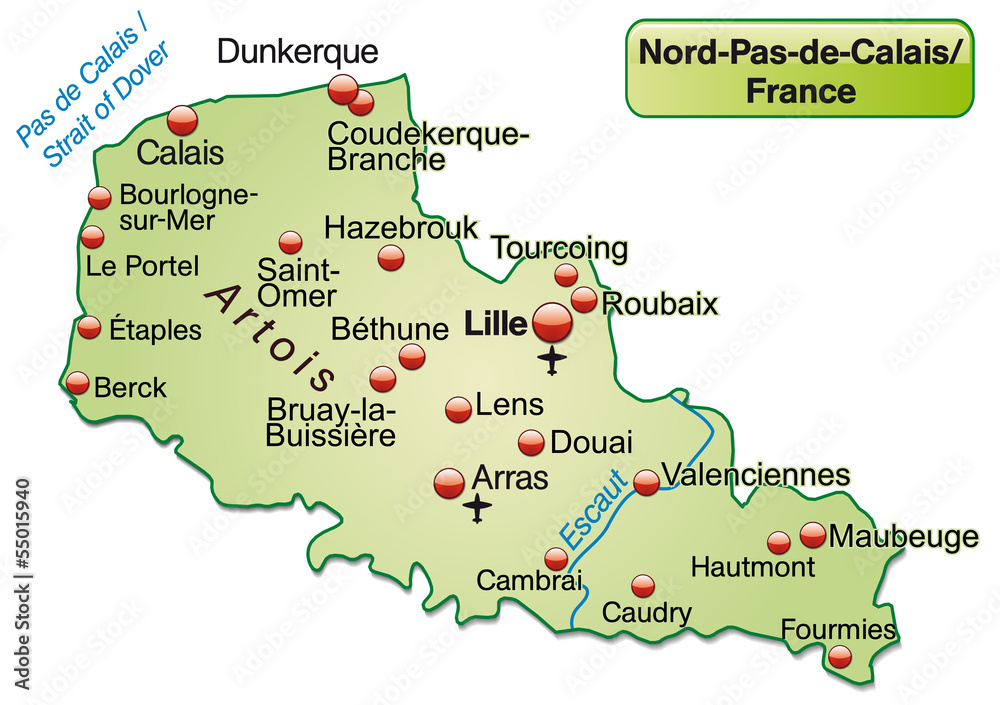 Obraz premium Inselkarte von Nord-Pas-de-Calais als Übersichtskarte in Pastelg