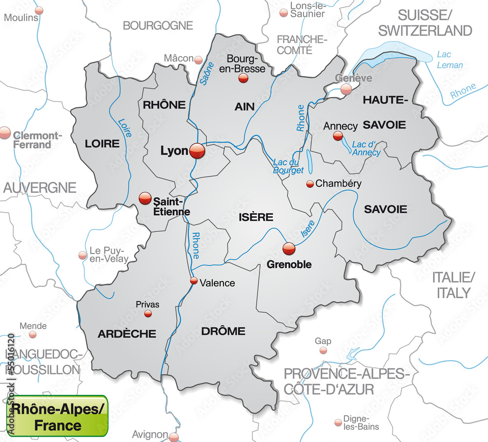 Umgebungskarte von Rhrône-Alpes mit Grenzen in Grau