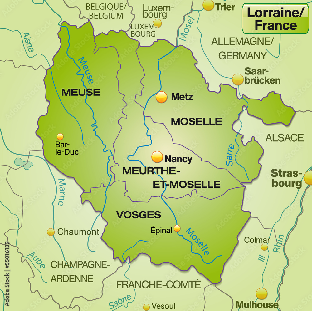 Umgebungskarte von Lothringen mit Grenzen in Grün