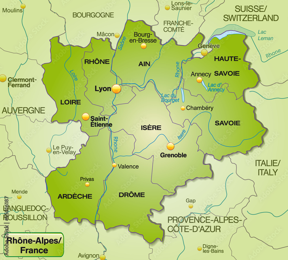 Umgebungskarte von Rhrône-Alpes mit Grenzen in Grün