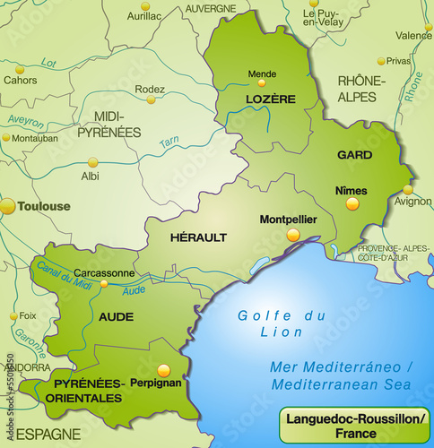 Umgebungskarte von Languedoc-Roussillon mit Grenzen in Grün