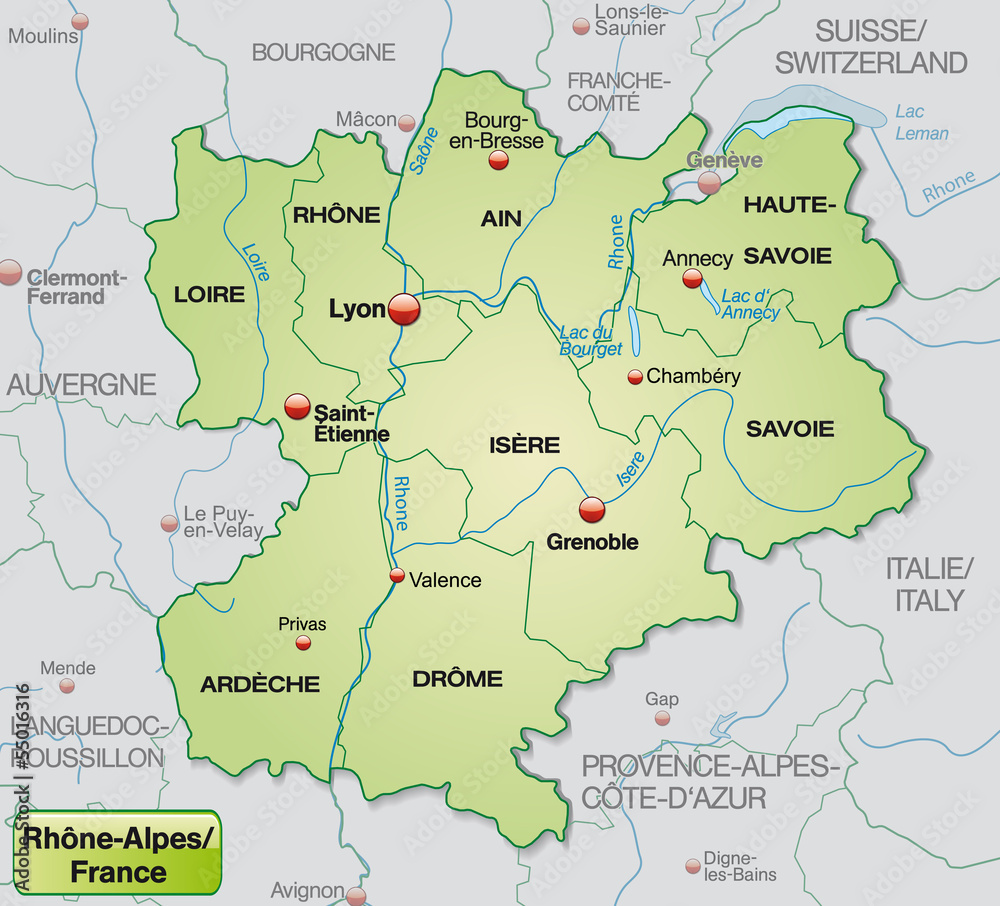 Umgebungskarte von Rhrône-Alpes mit Grenzen in Pastelgrün