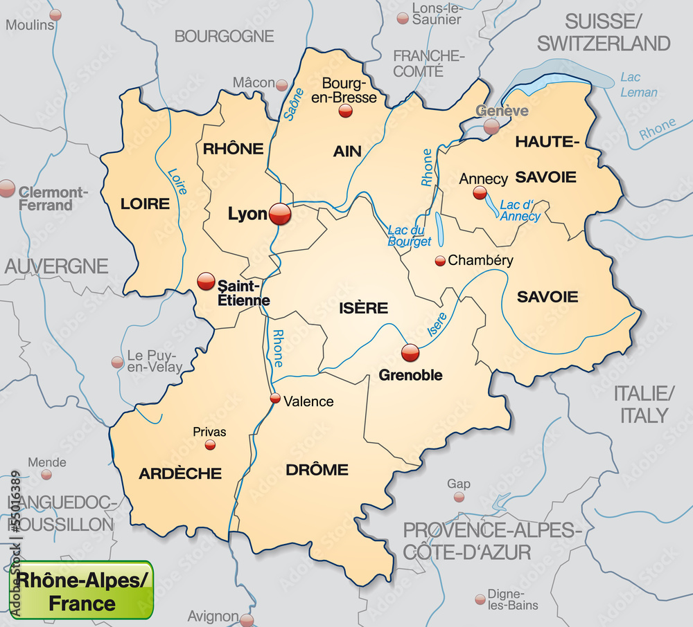 Umgebungskarte von Rhrône-Alpes mit Grenzen in Pastelorange