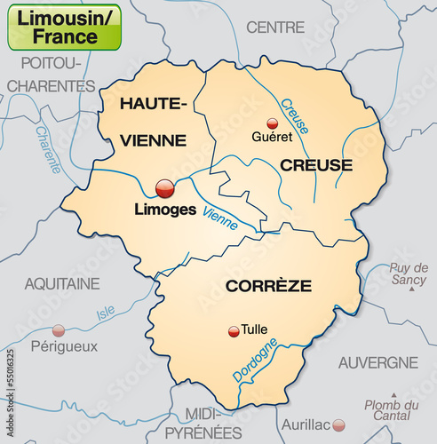 Umgebungskarte von Limousin mit Grenzen in Pastelorange