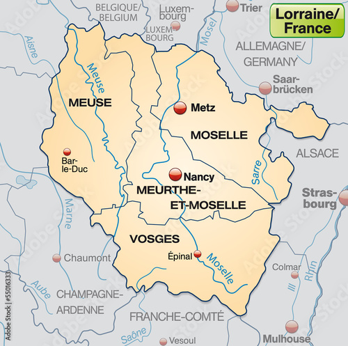 Umgebungskarte von Lothringen mit Grenzen in Pastelorange