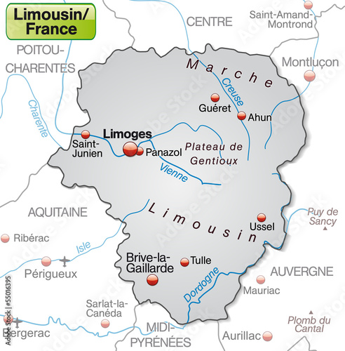 Umgebungskarte von Limousin als Übersichtskarte in Grau