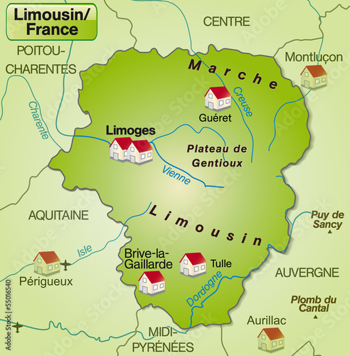 Umgebungskarte von Limousin als Übersichtskarte in internetgrün