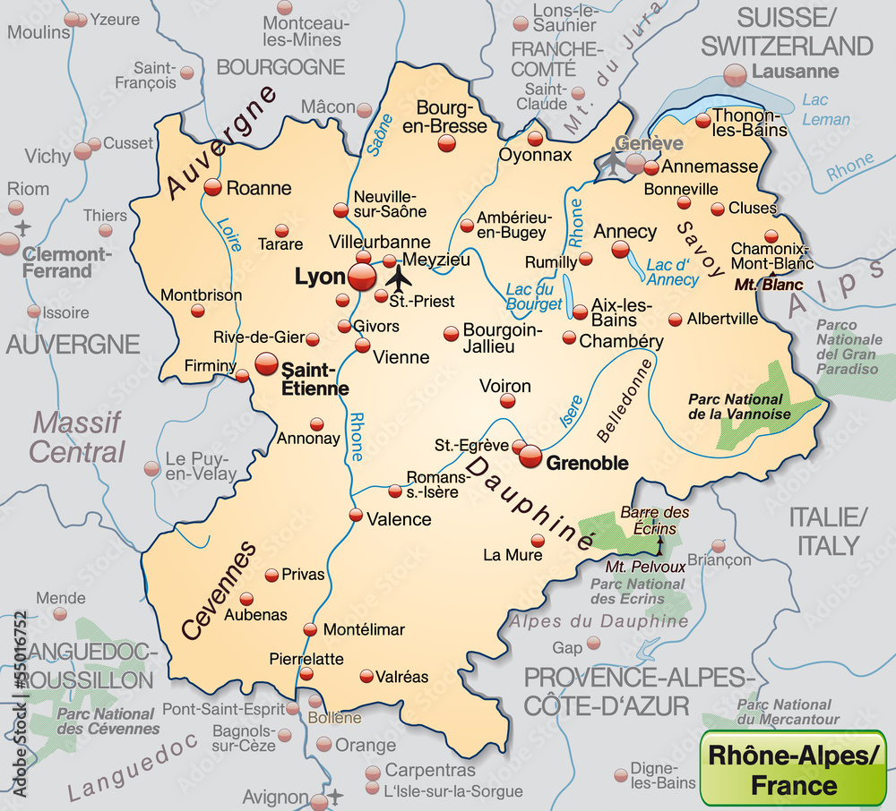 Umgebungskarte von Rhrône-Alpes als Übersichtskarte in Pastelora
