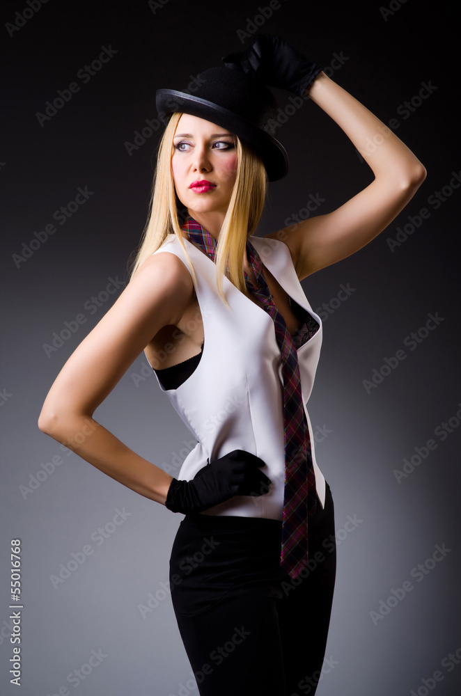 Model wearing fashionable clothing on white Model wearing fashionable clothing on white