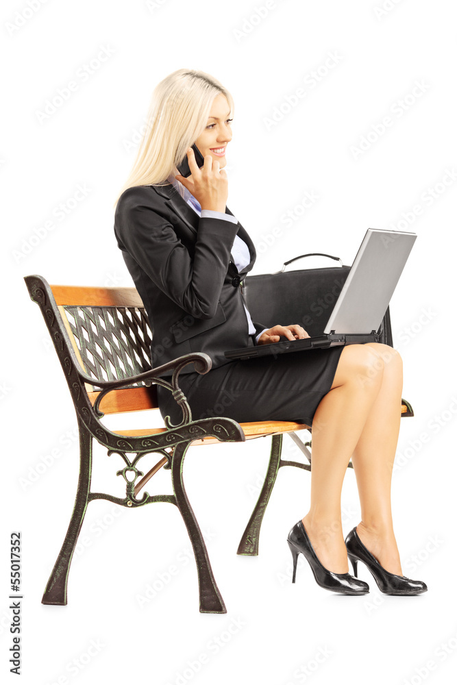 Young busy businesswoman sitting on bench and working on laptop Young busy businesswoman sitting on bench and working on laptop