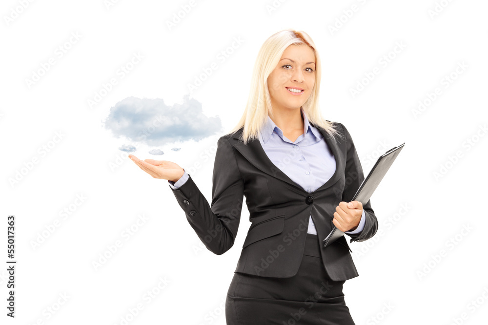 Young female holding a clipboard and gesturing with her hand Young female holding a clipboard and gesturing with her hand