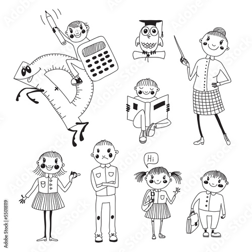 Fototapeta Ręcznie rysowane nauczyciel i dzieci w wieku szkolnym.
