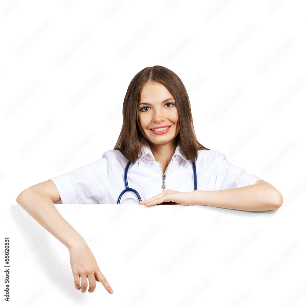 young woman doctor with a blank banner