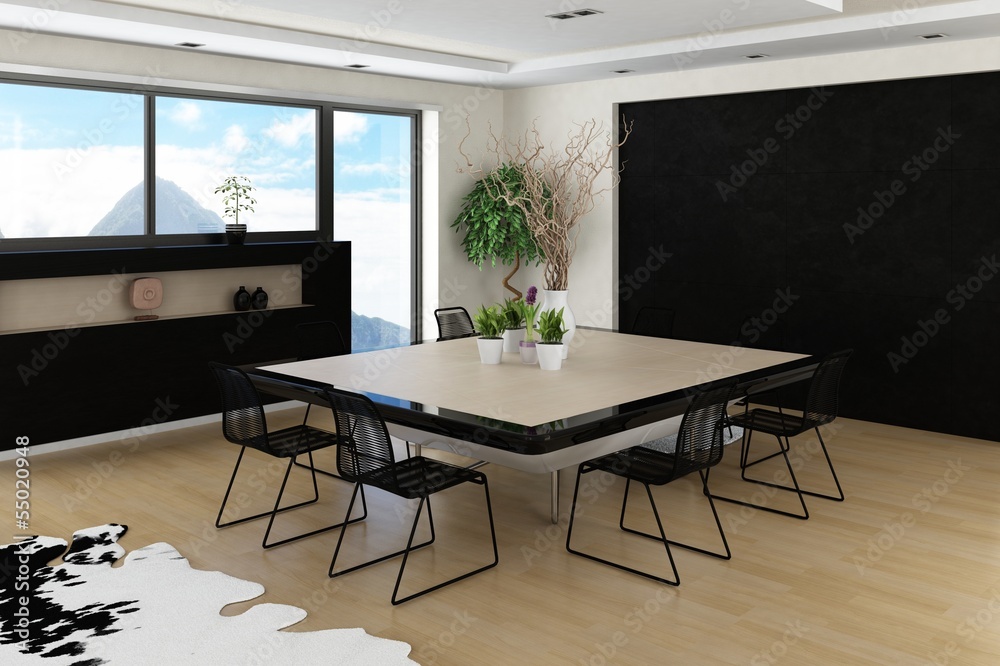 Modern spacious interior with huge dining table Modern spacious interior with huge dining table