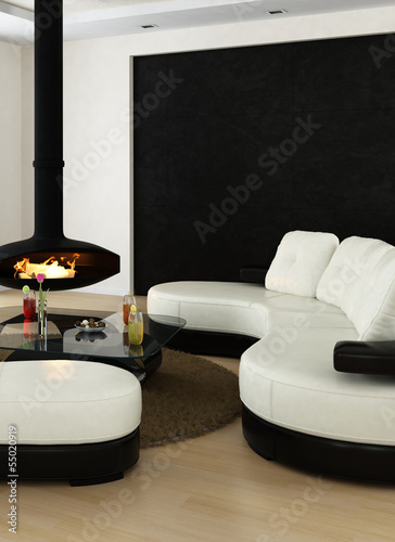 Loft interior with fireplace