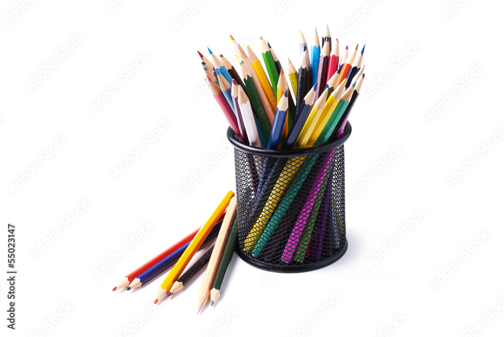 Fototapeta premium colored pencils in basket on white background