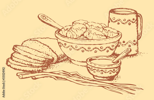Vector still life. Cabbage rolls with cream, bread and leeks