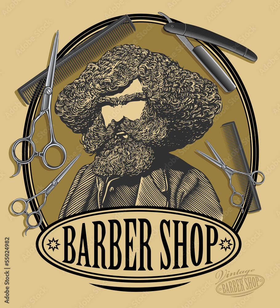 Obraz premium Rocznika fryzjera sklepu znaka deska z brodatym mężczyzna, nożyce