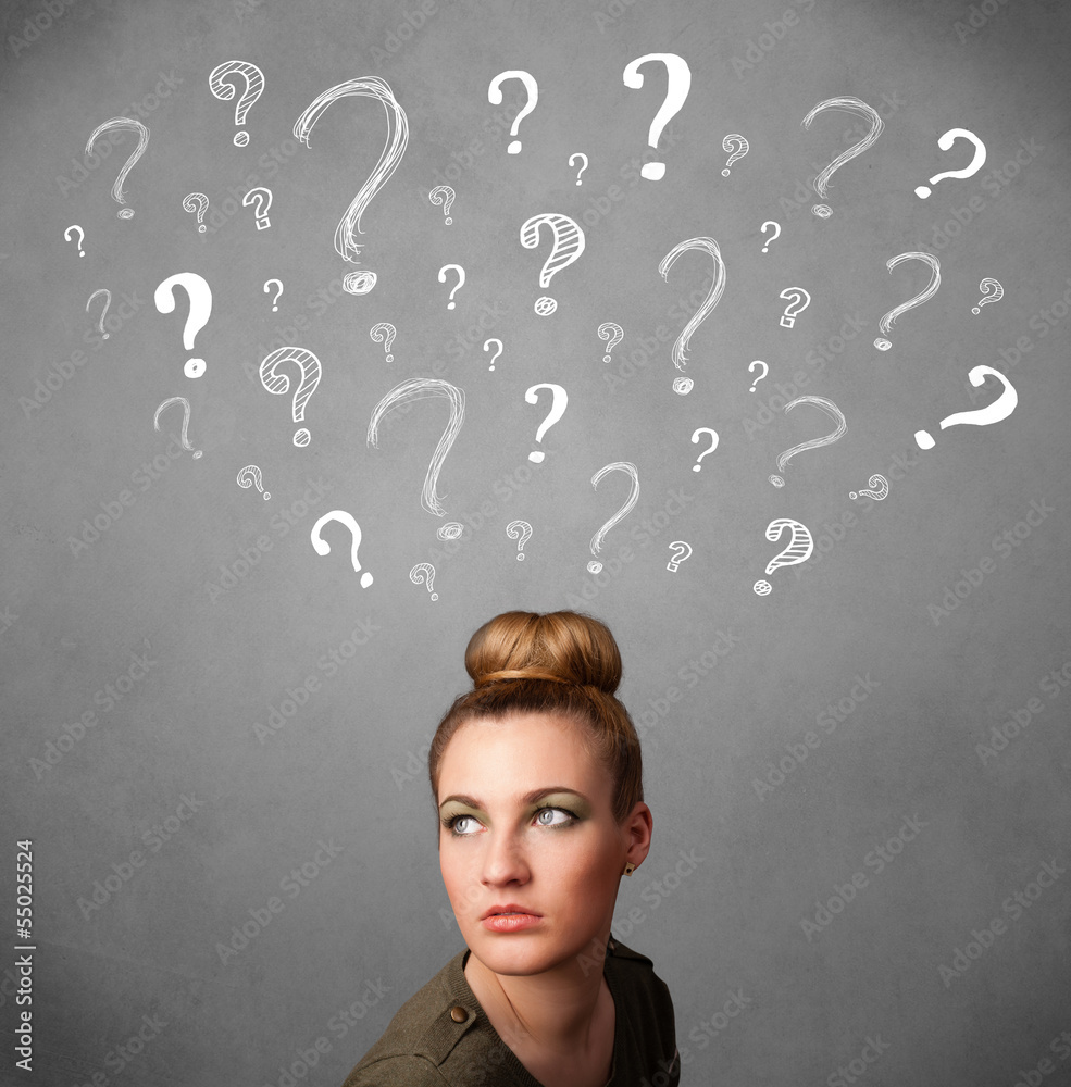 Young woman with question marks above her head Young woman with question marks above her head
