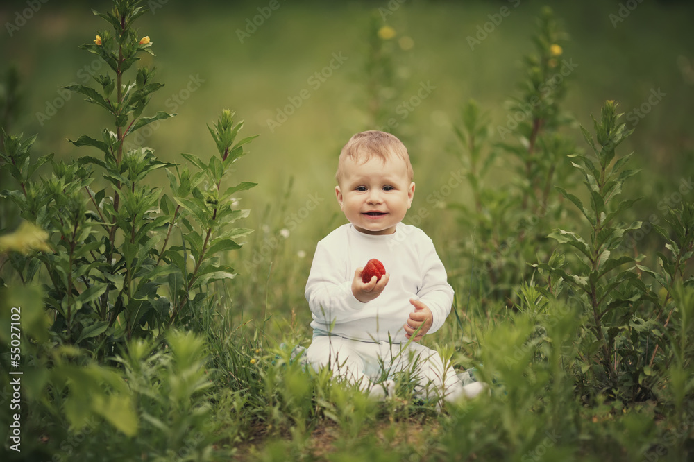 little funny boy sitting in grass with strawberry