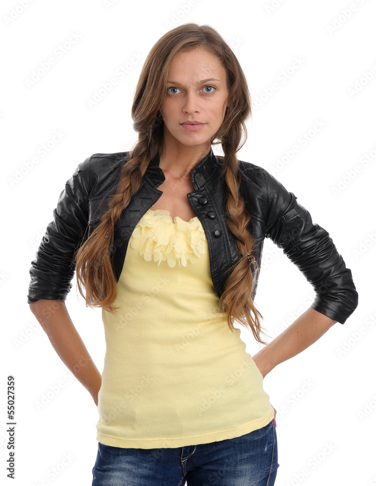 Young beautiful woman standing against white Young beautiful woman standing against white