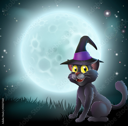 Halloween full moon witch cat