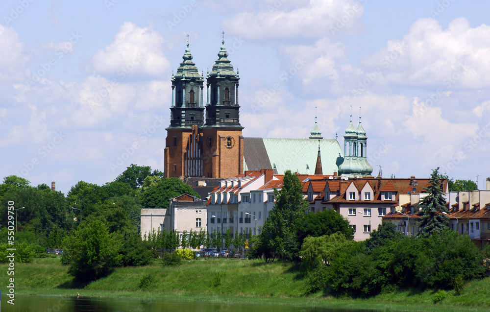 Naklejka premium River Warta and Archicathedral Basilica in Poznan, Poland.