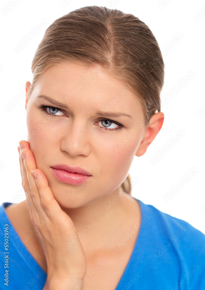 Young blond girl suffering from toothache, isolated on white Young blond girl suffering from toothache, isolated on white