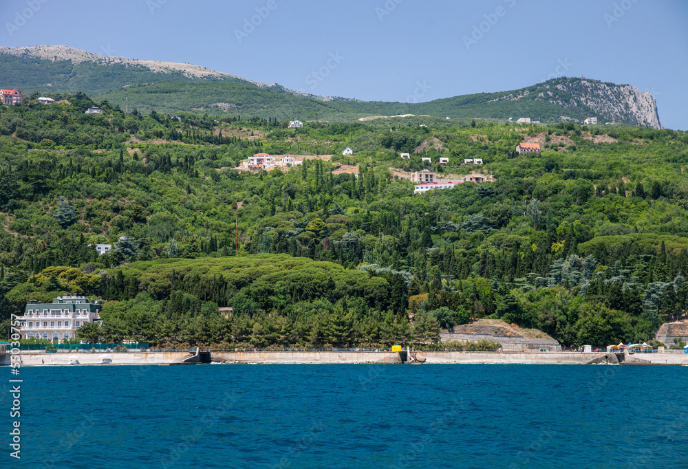 Summer landscape of the Black Sea and mountains in Crimea