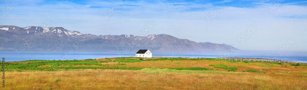 Panoramic view of beautiful landscape with old house in Iceland